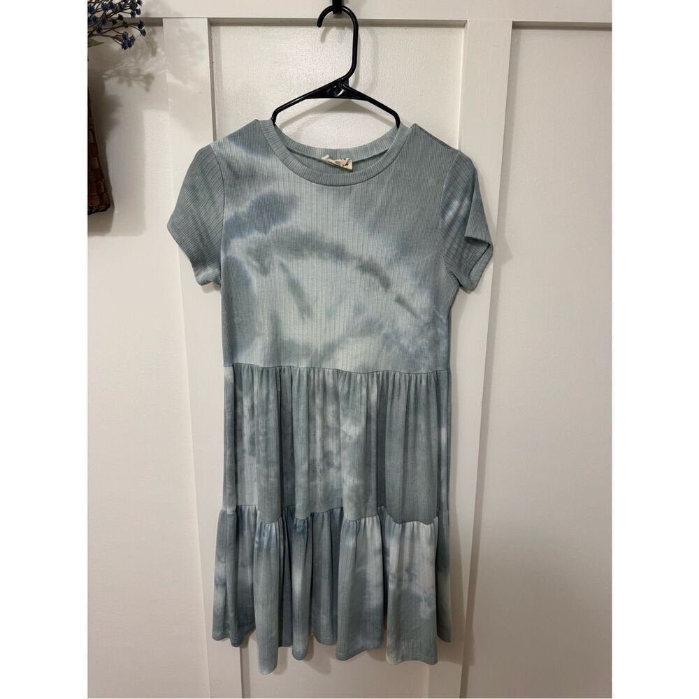 See You Monday Pale Blue Tie-Dye Tiered Short Sleeve Mini Dress
